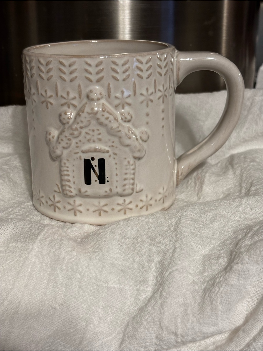 Anthropologie Christmas Coffee Cup Mug N Monogram WinterHouse Snowflake Embossed